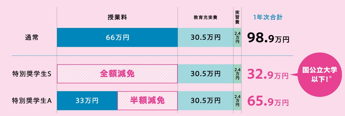 通常の1年次合計98.9万円 特別奨学生Sの1年次合計32.9万円 特別奨学生Aの1年次合計65.9万円